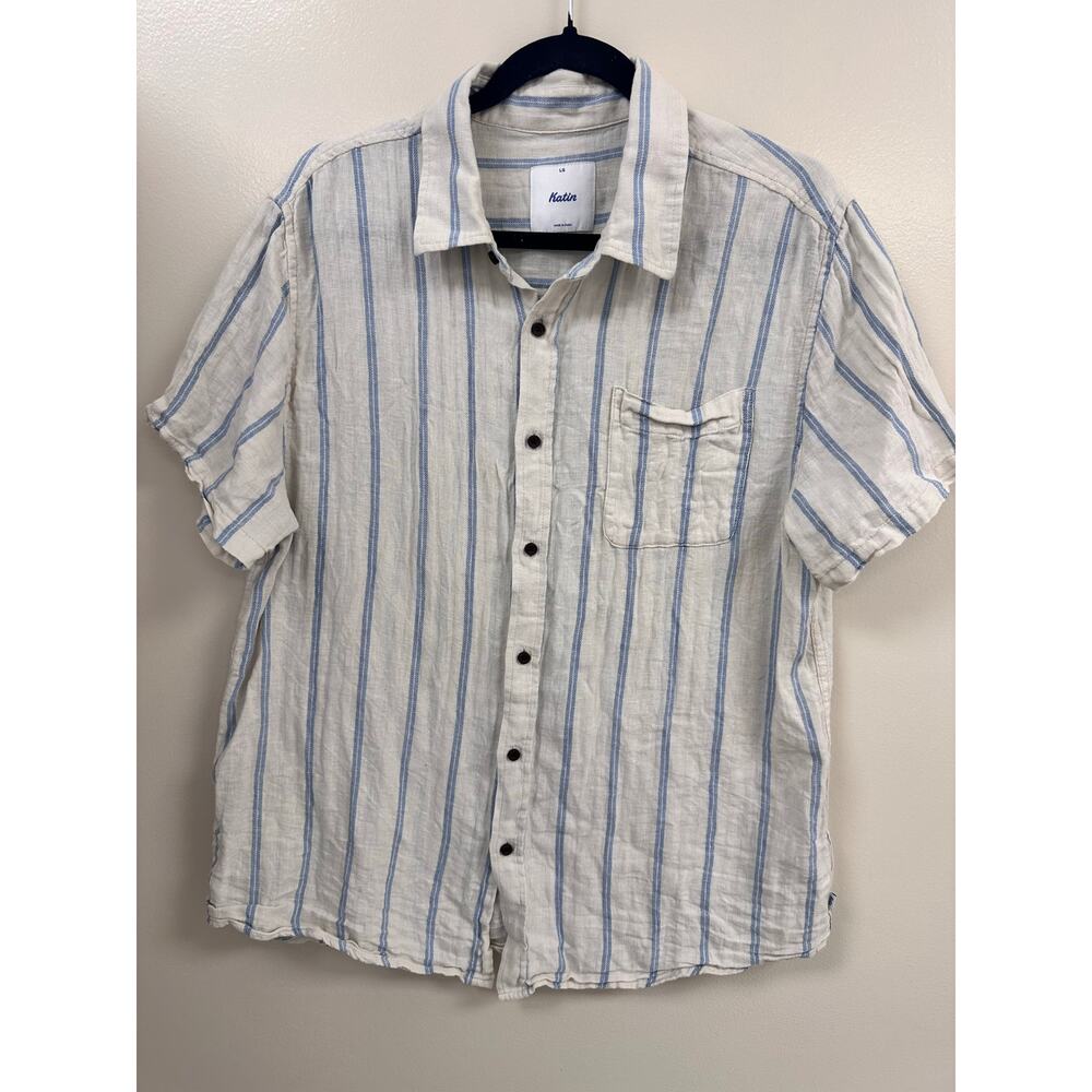 Katin Striped Linen Button-Up Shirt — Lightweight Neutral Short Sleeve, Size L
